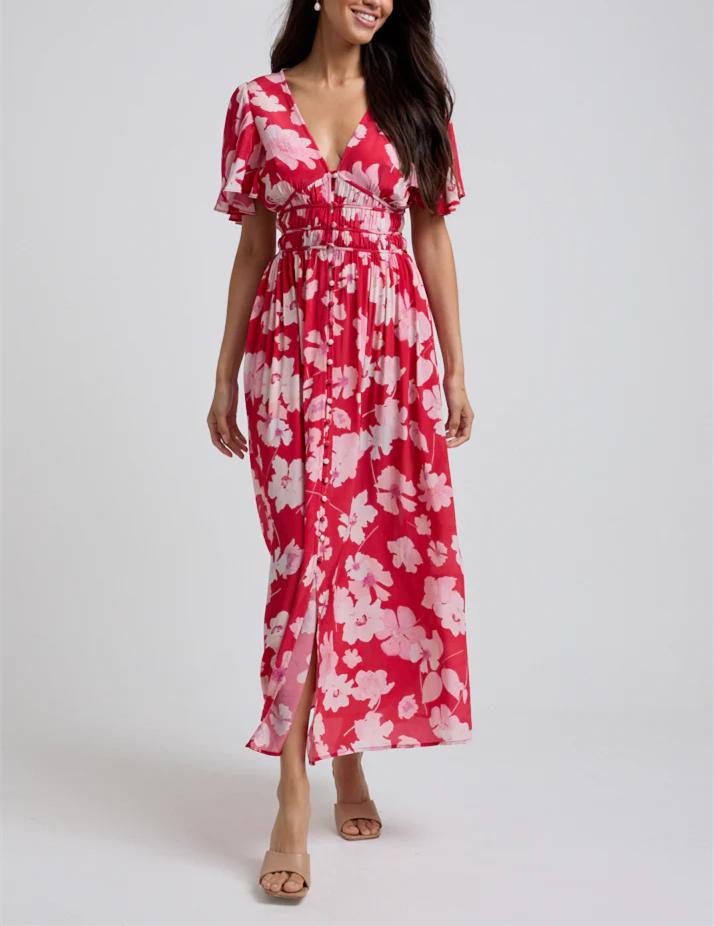 V-Neck Waist-slimming Flower Dress