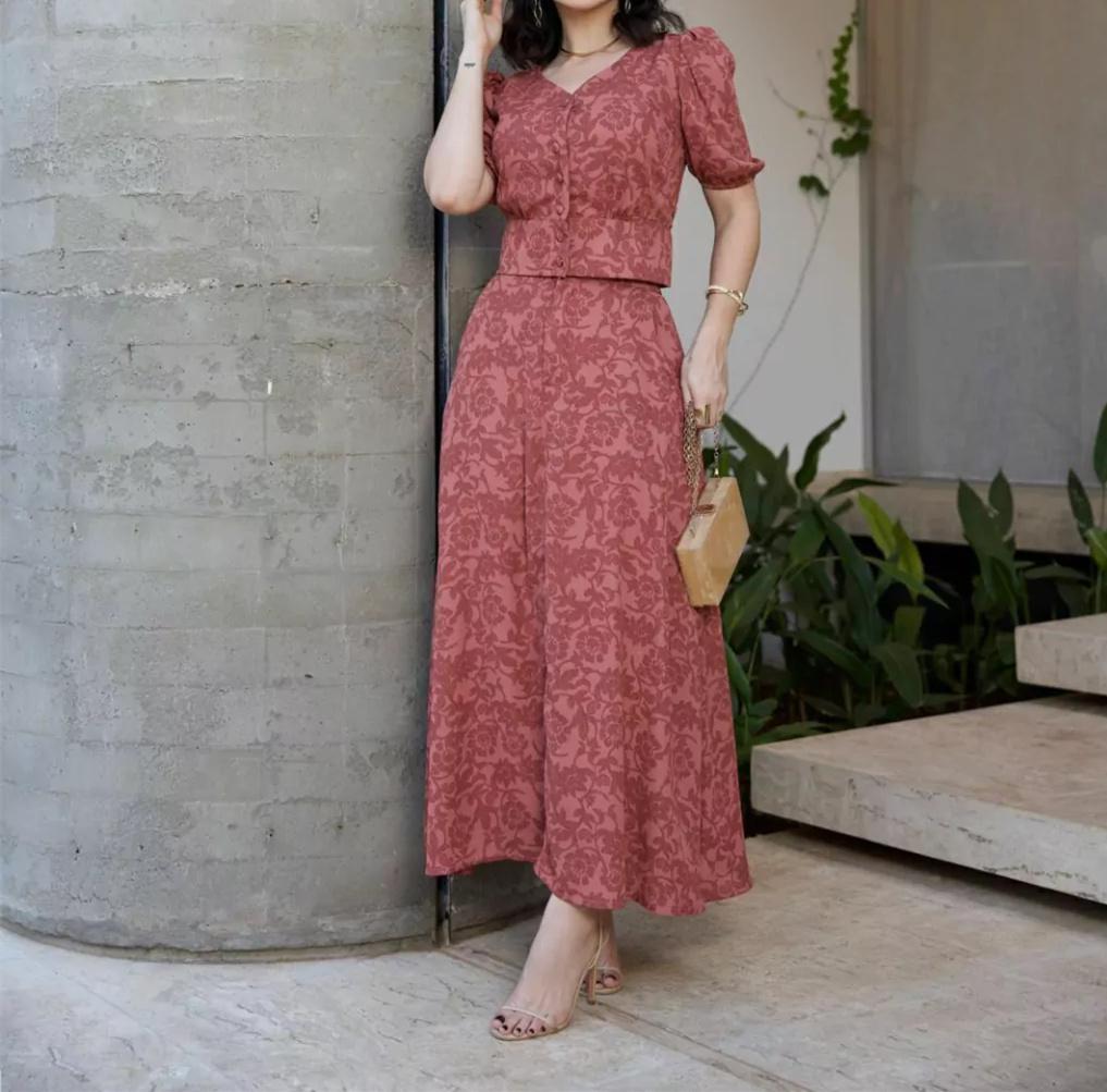 Printed Textured Red Dress Suit