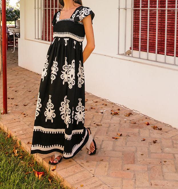 White Printed Short Sleeve Black Dress