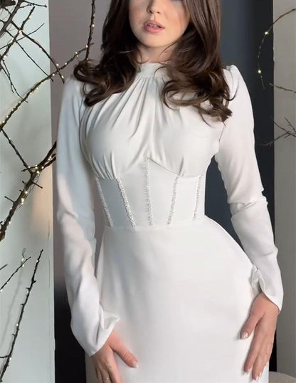 White Belted Long Sleeve Dress