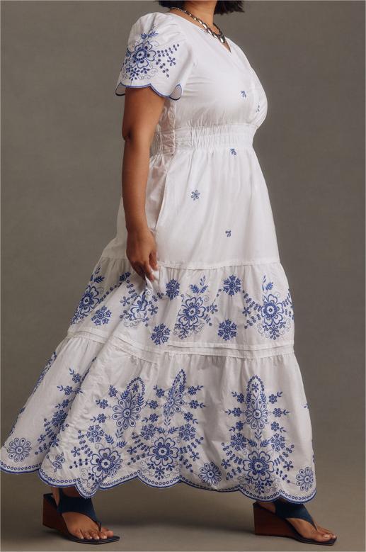 Petal Trimmed Blue and White Maxi Dress