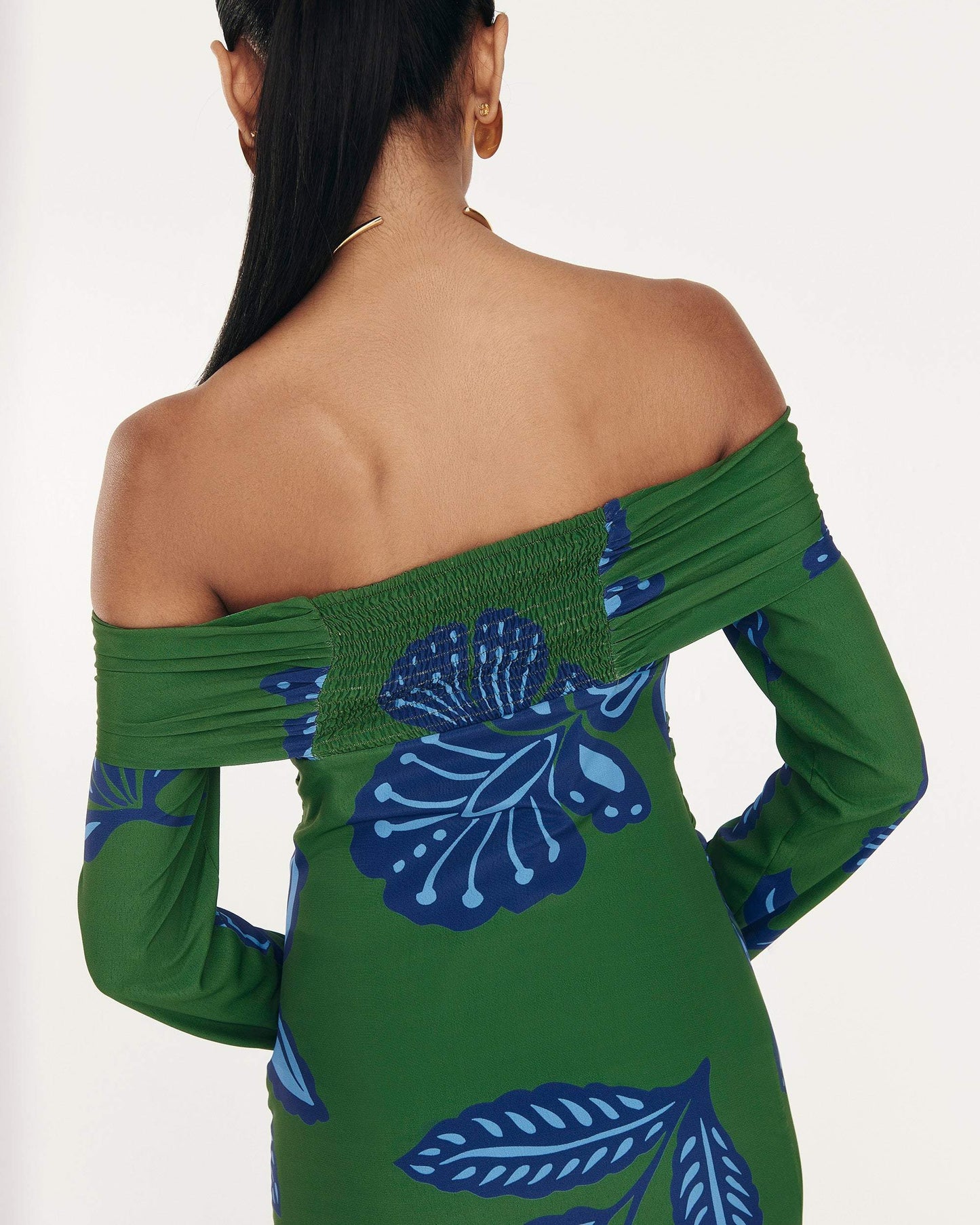 Blue Printed Strapless Green Dress