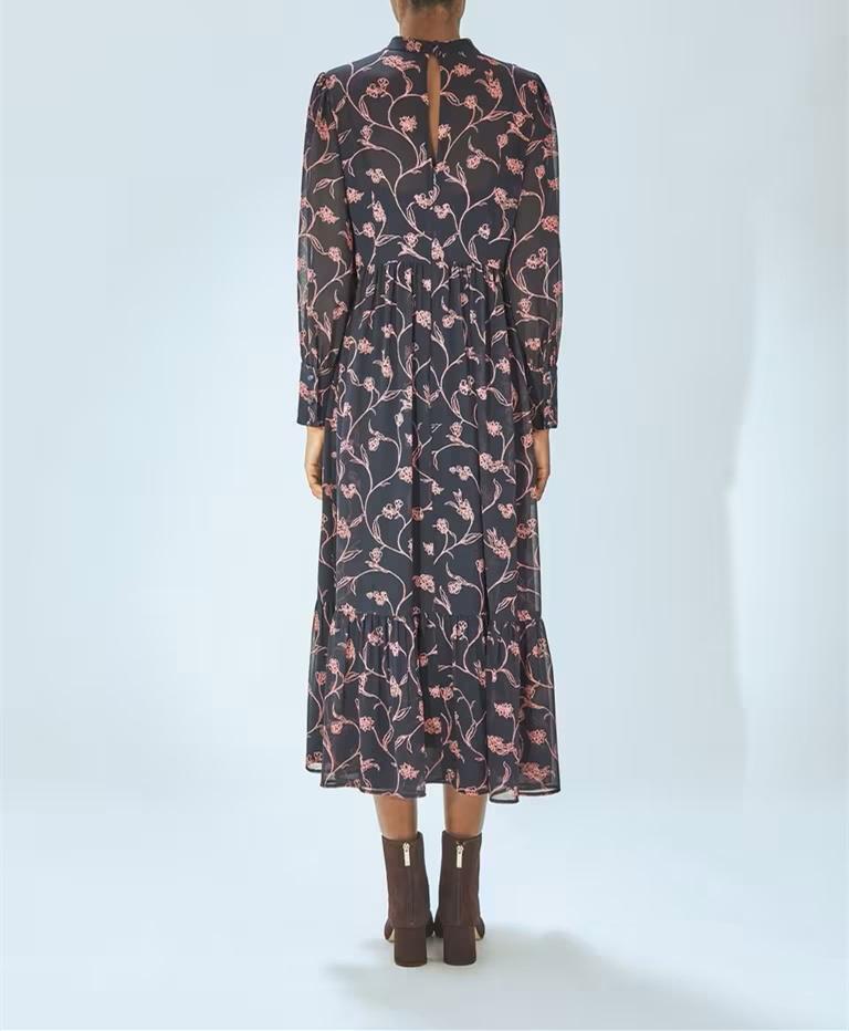 Round Neck Long Sleeve Floral Fall Dress