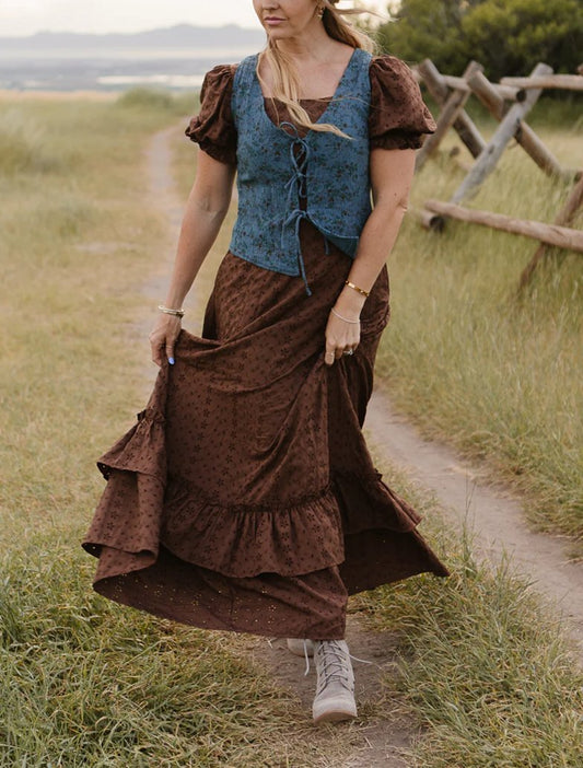 Brown Ruffled Short Sleeve Maxi Dress