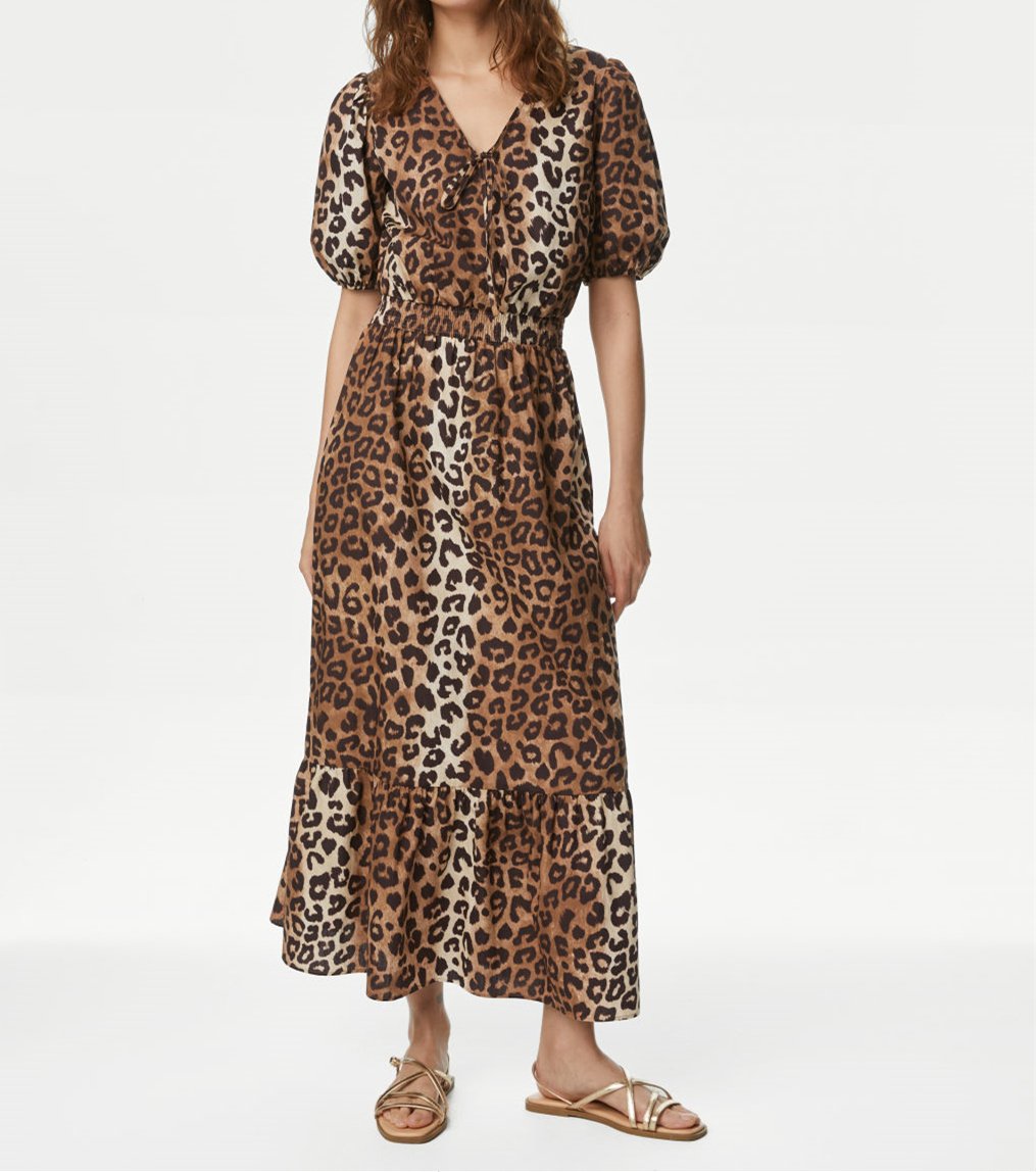 Leopard Print Lace-Up Maxi Dress