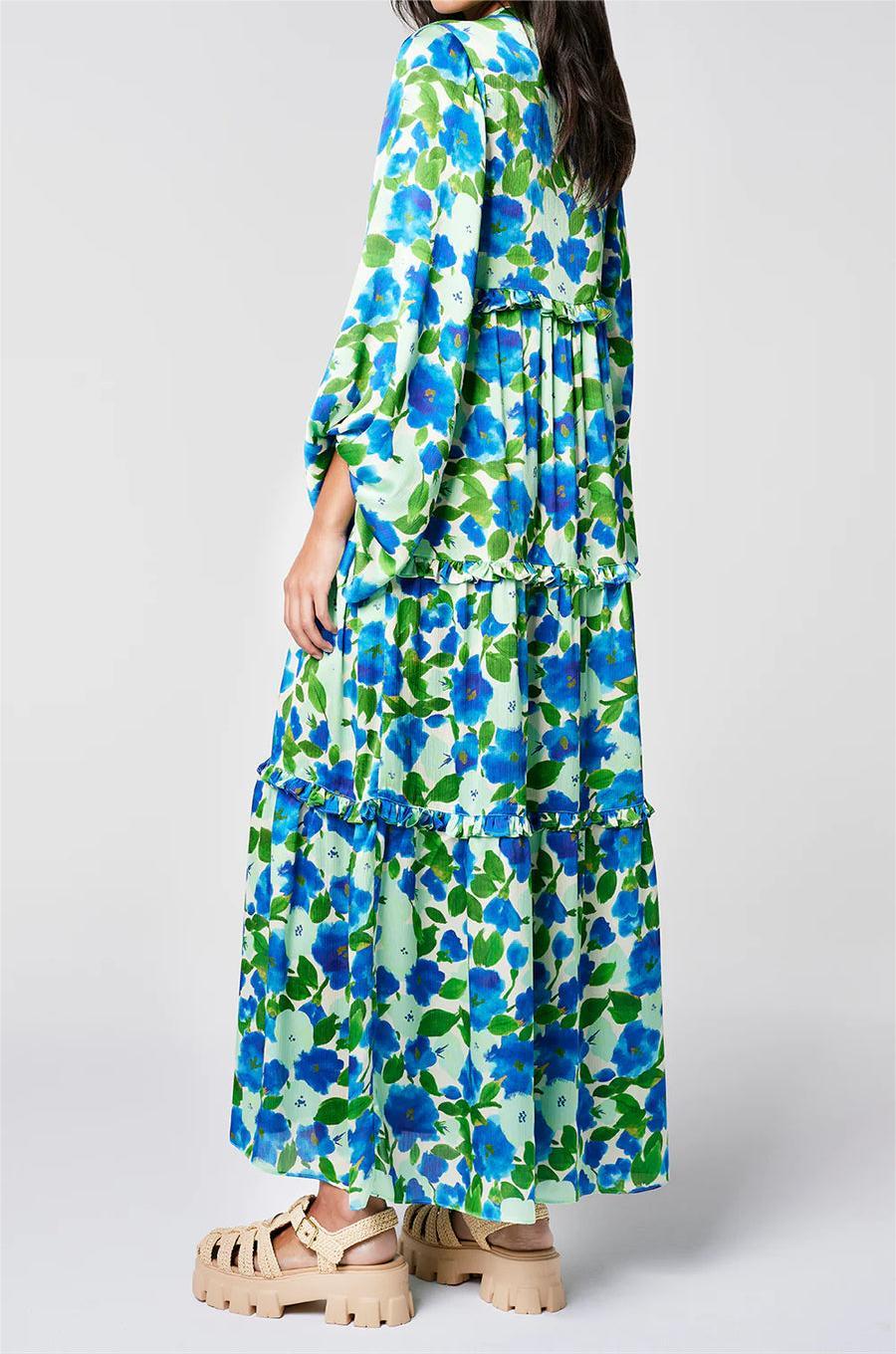 Blue Flower and Green Leaf Long Sleeve Dress