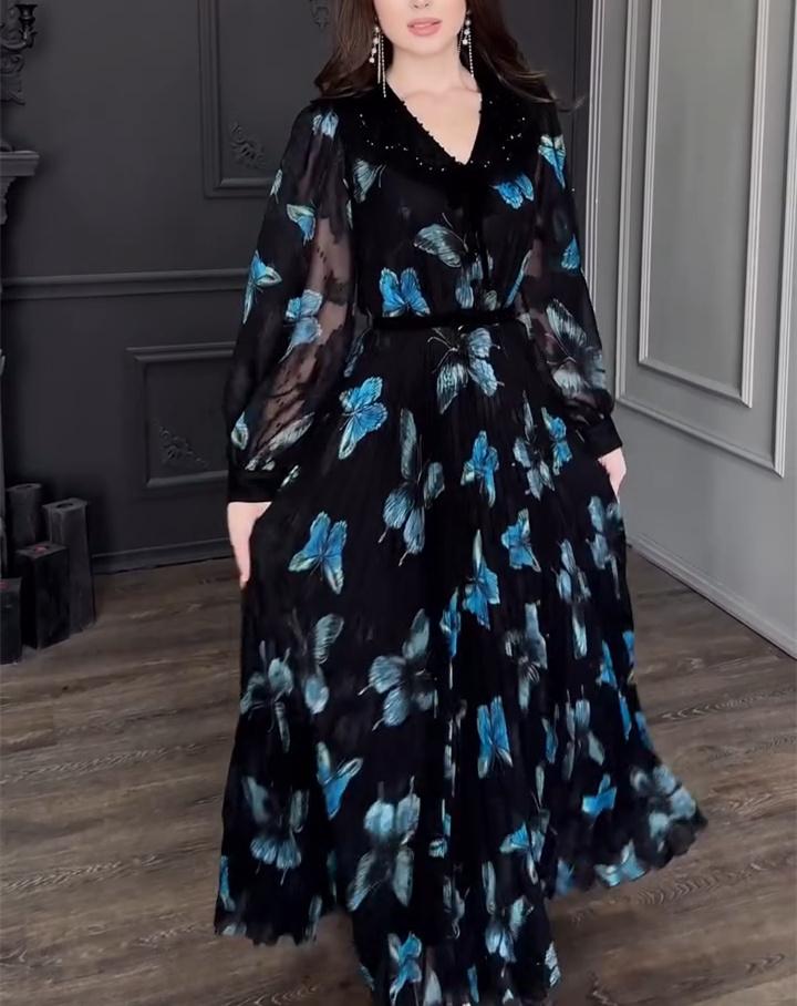 Blue Butterfly Black Veil Maxi Dress