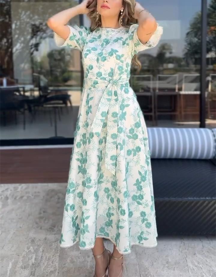 Green Flower Waist-slimming White Bottom Dress