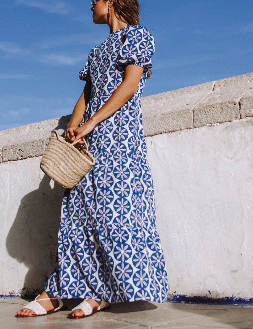 Blue and white floral backless dress