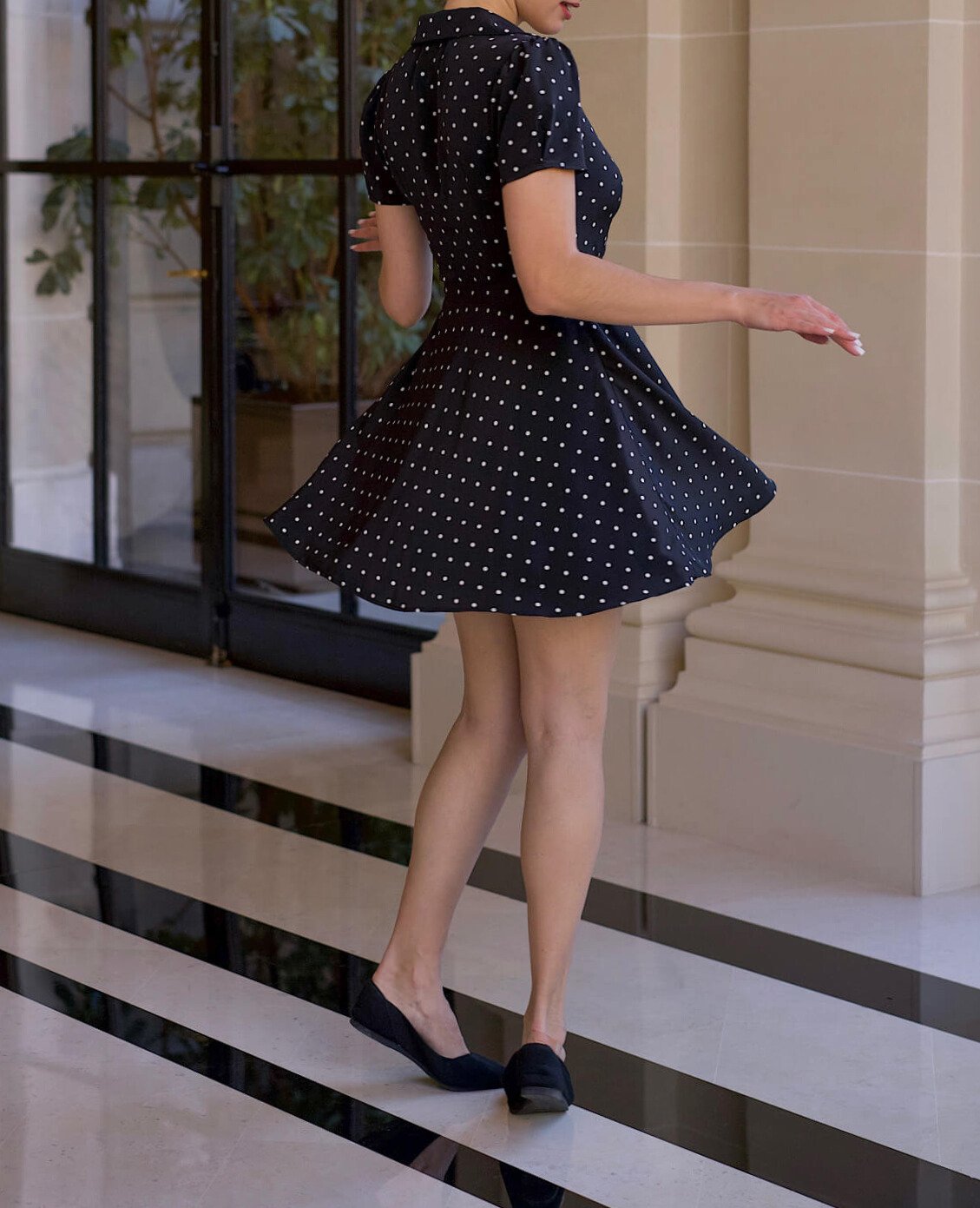 White Dot Black Short Dress