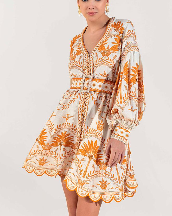 V-Neck Lantern Sleeve Orange Printed Dress