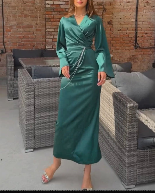 Green Satin Cross Neck Maxi Dress