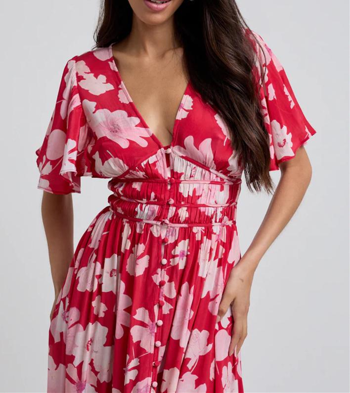 V-Neck Waist-slimming Flower Dress