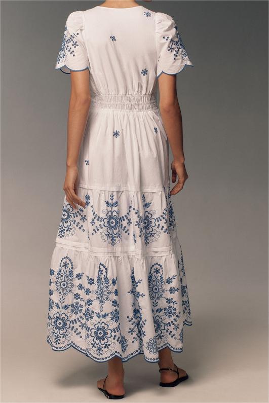 Petal Trimmed Blue and White Maxi Dress