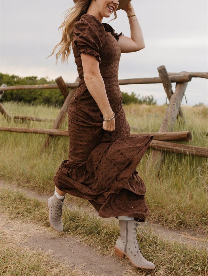 Brown Ruffled Short Sleeve Maxi Dress