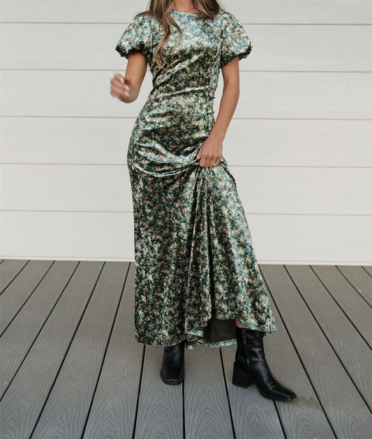 Green Flower Glossy Fall Dress