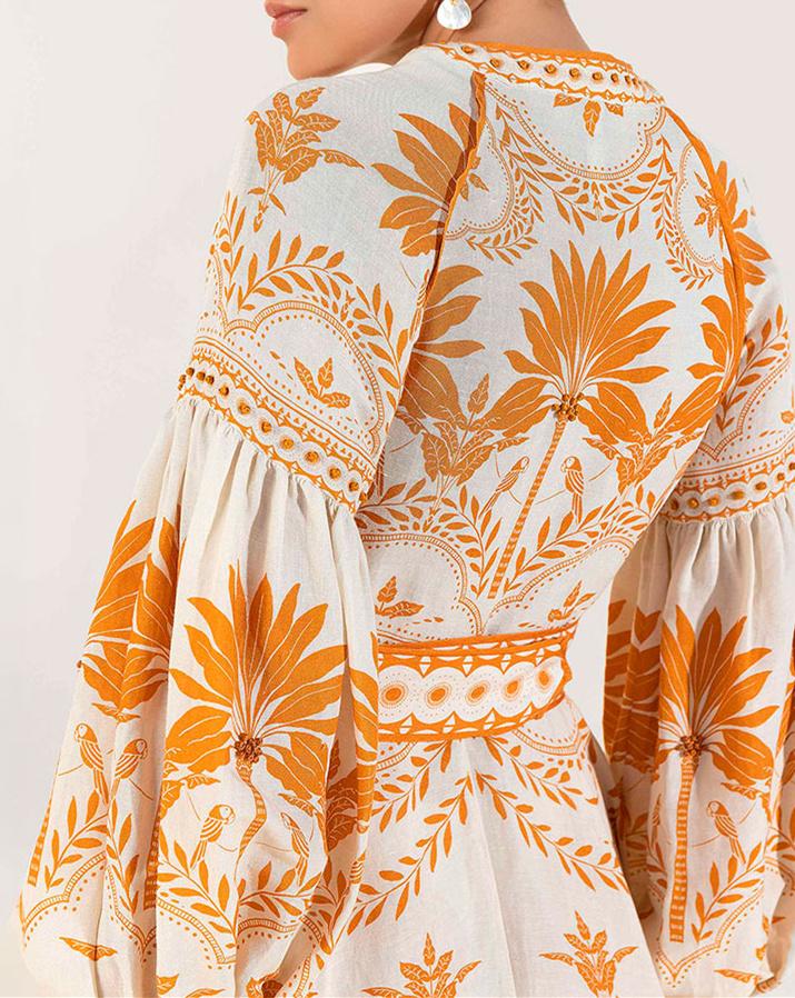 V-Neck Lantern Sleeve Orange Printed Dress