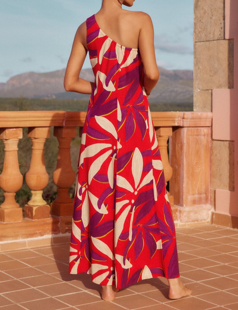 One-shoulder tri-color printed dress