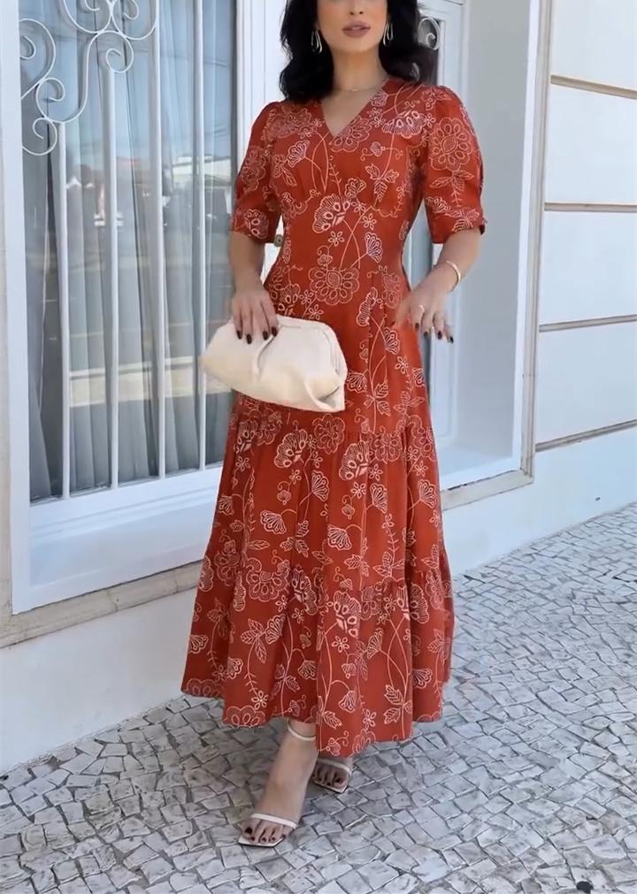 White Line Floral v Neck Red Dress