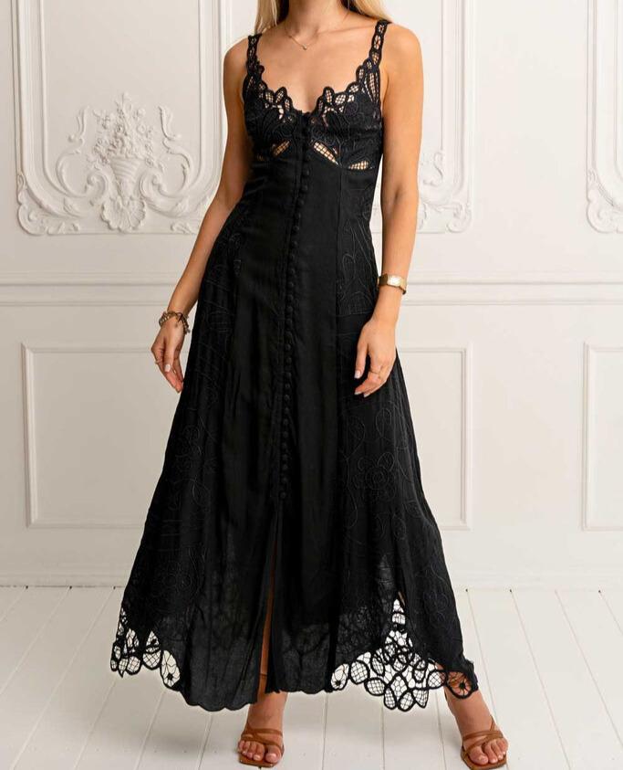 Black Lace Embroidered Maxi Dress