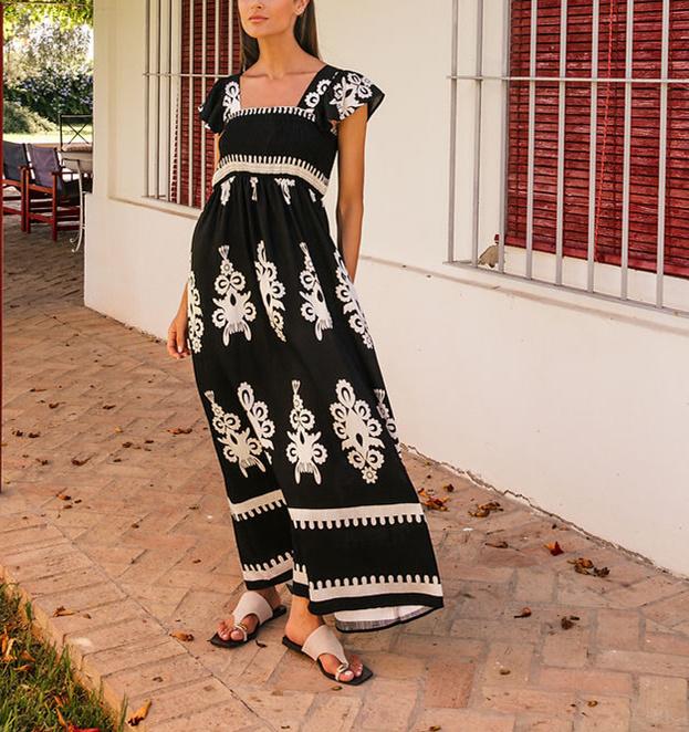 White Printed Short Sleeve Black Dress