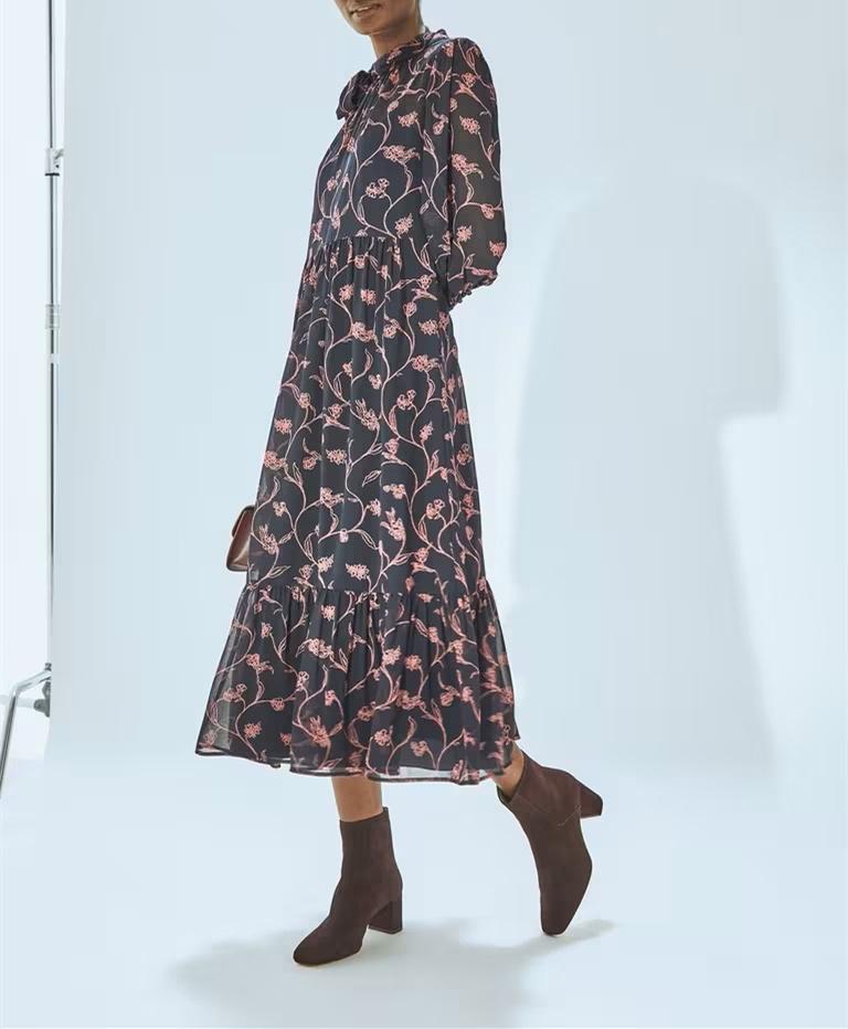 Round Neck Long Sleeve Floral Fall Dress