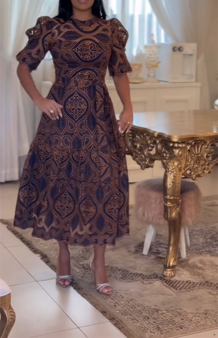 Brown Cutout Lantern Sleeve Dress