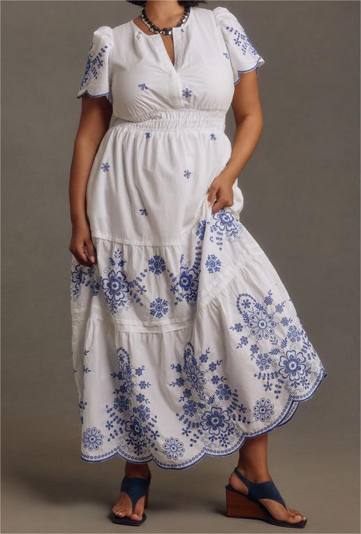 Petal Trimmed Blue and White Maxi Dress