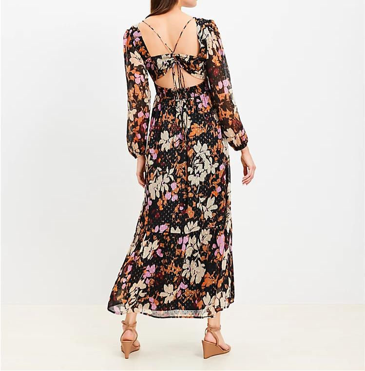 Backless Lace Up Long Sleeve Floral Autumn Dress