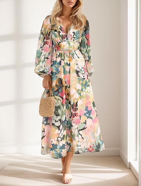 Floral Lantern Sleeve Maxi Dress