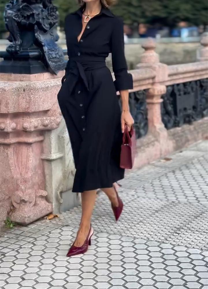 Black Button v Neck Fall Dress