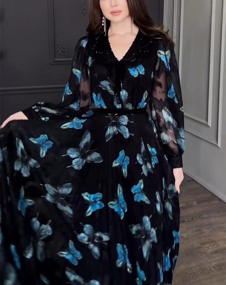 Blue Butterfly Black Veil Maxi Dress