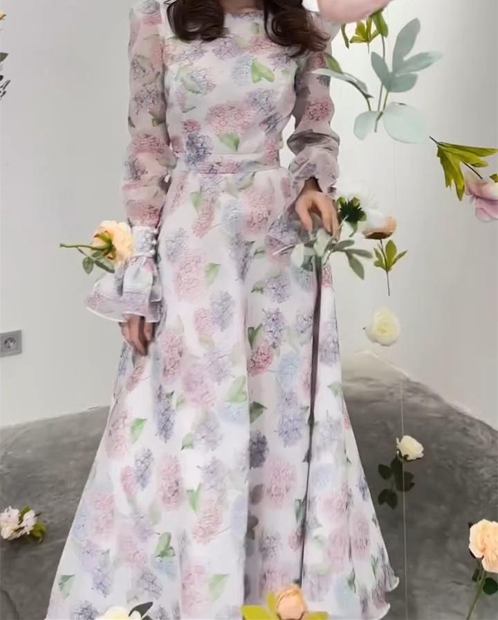 Pink Flower and Green Leaf Flared Sleeve Maxi Dress