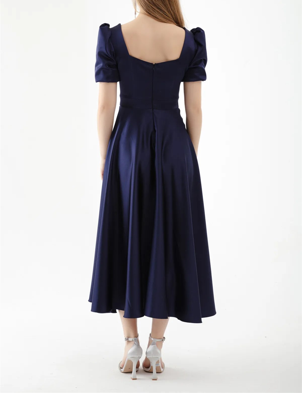 Dark Blue Square Neck Satin Dress