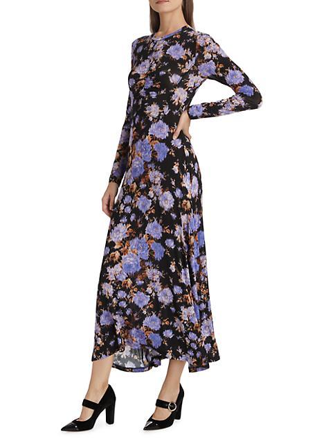 Blue Floral Black Long Sleeve Fall Dress