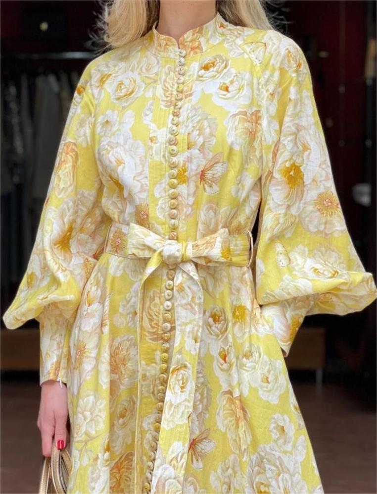 Yellow Flower Bubble Sleeve Maxi Dress