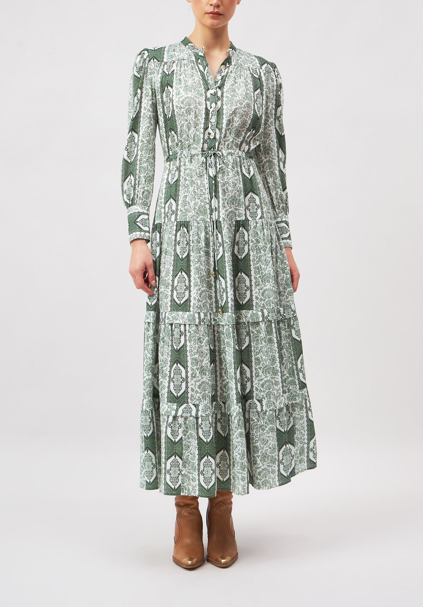 Buttoned Printed Green Dress