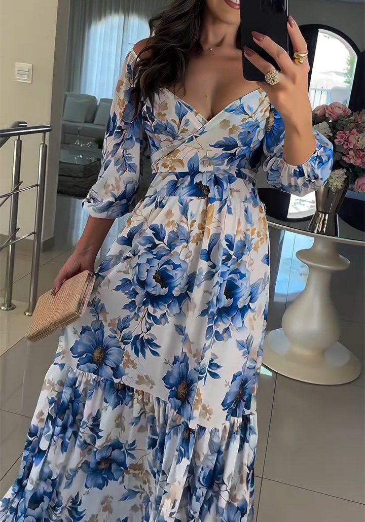 Blue Floral Midi Sleeve Tie Waist Maxi Dress