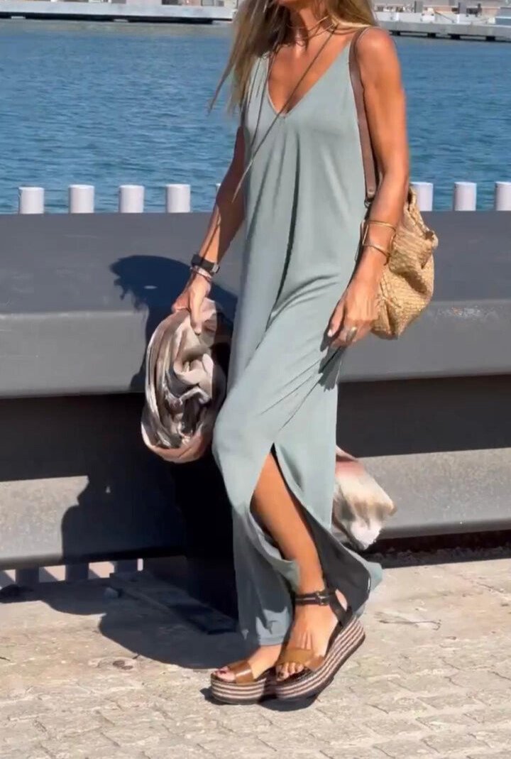 Solid Color V-Neck Long Dress