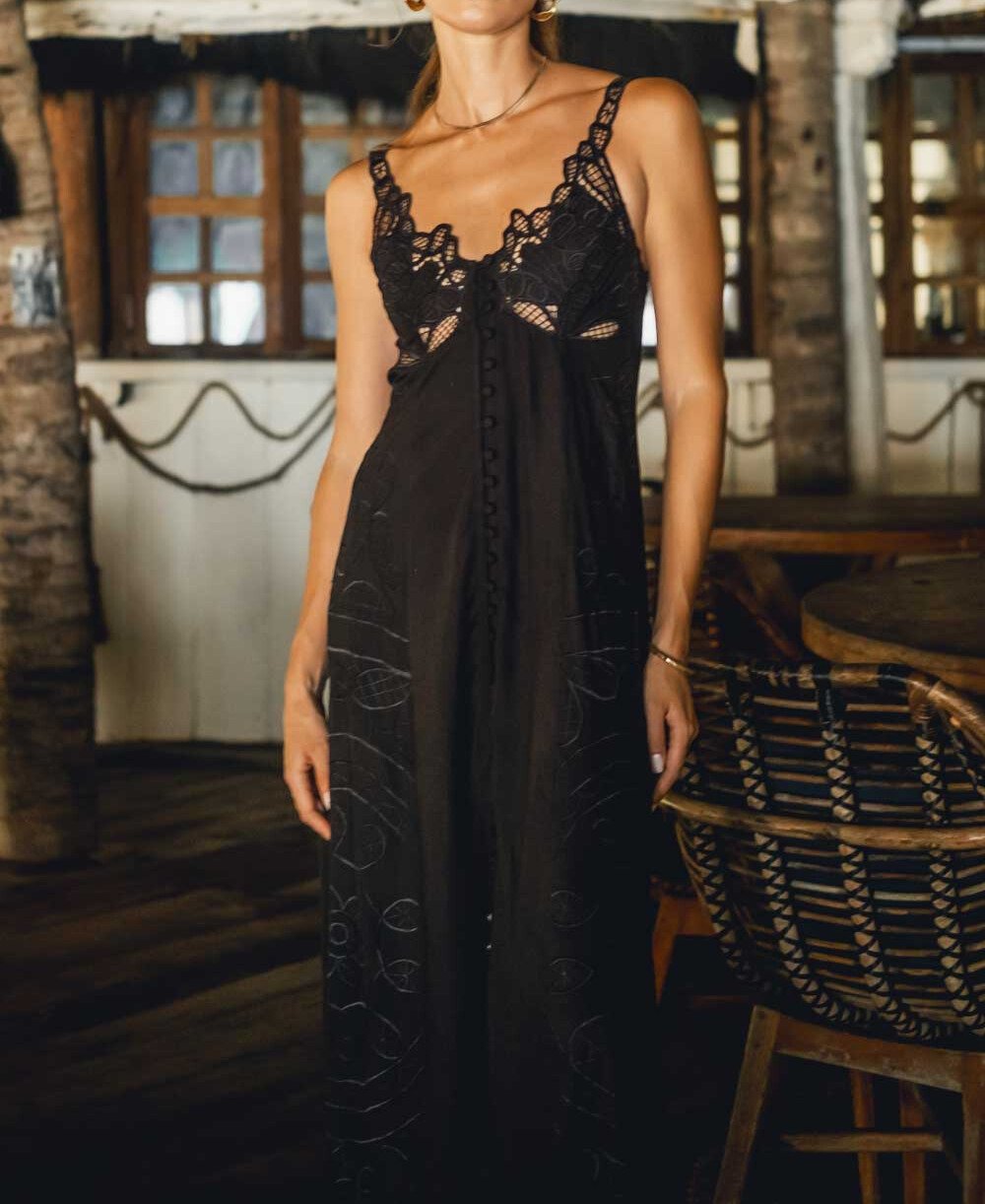 Black Lace Embroidered Maxi Dress