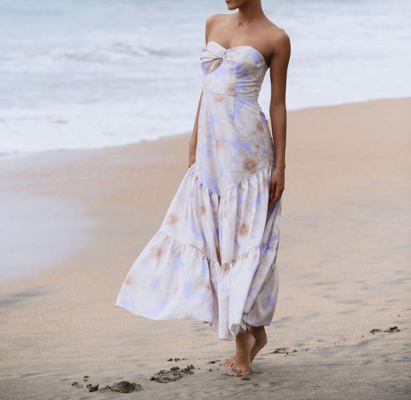 white flowered purple dress