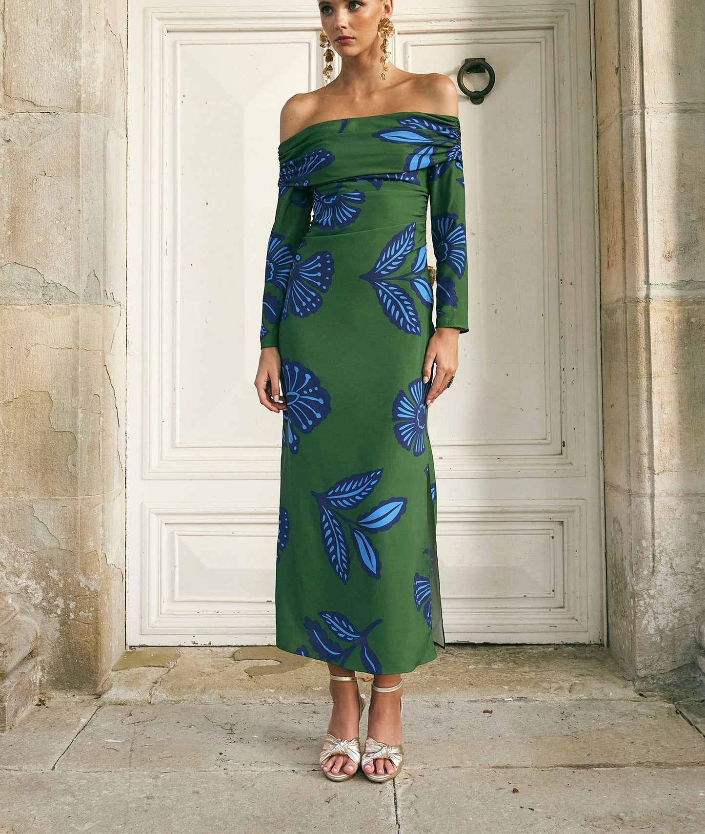 Blue Printed Strapless Green Dress