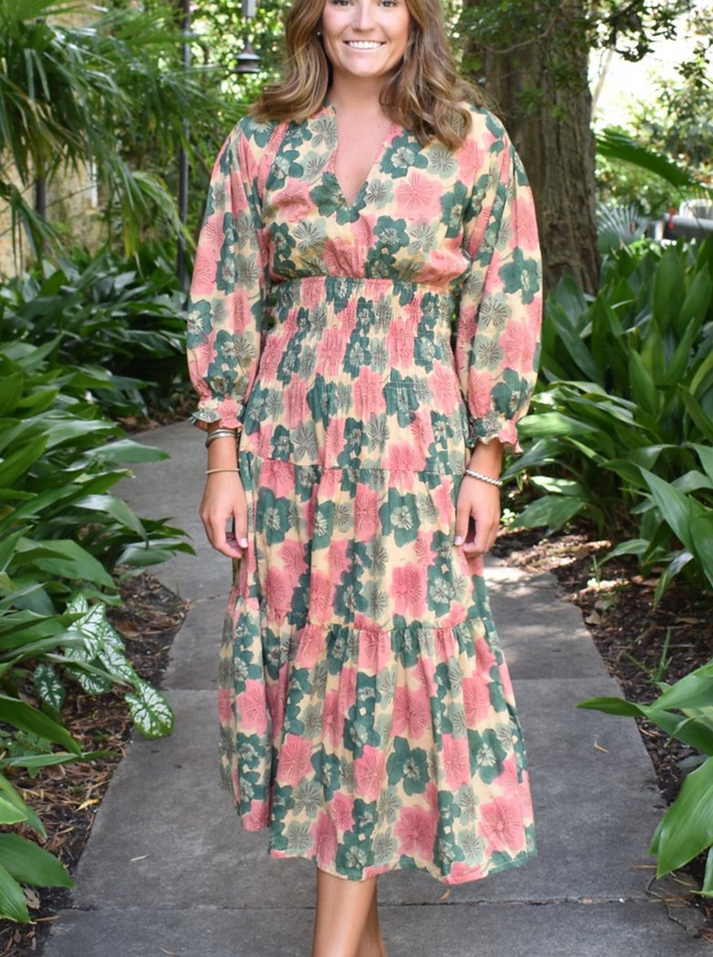 pink and green floral dress