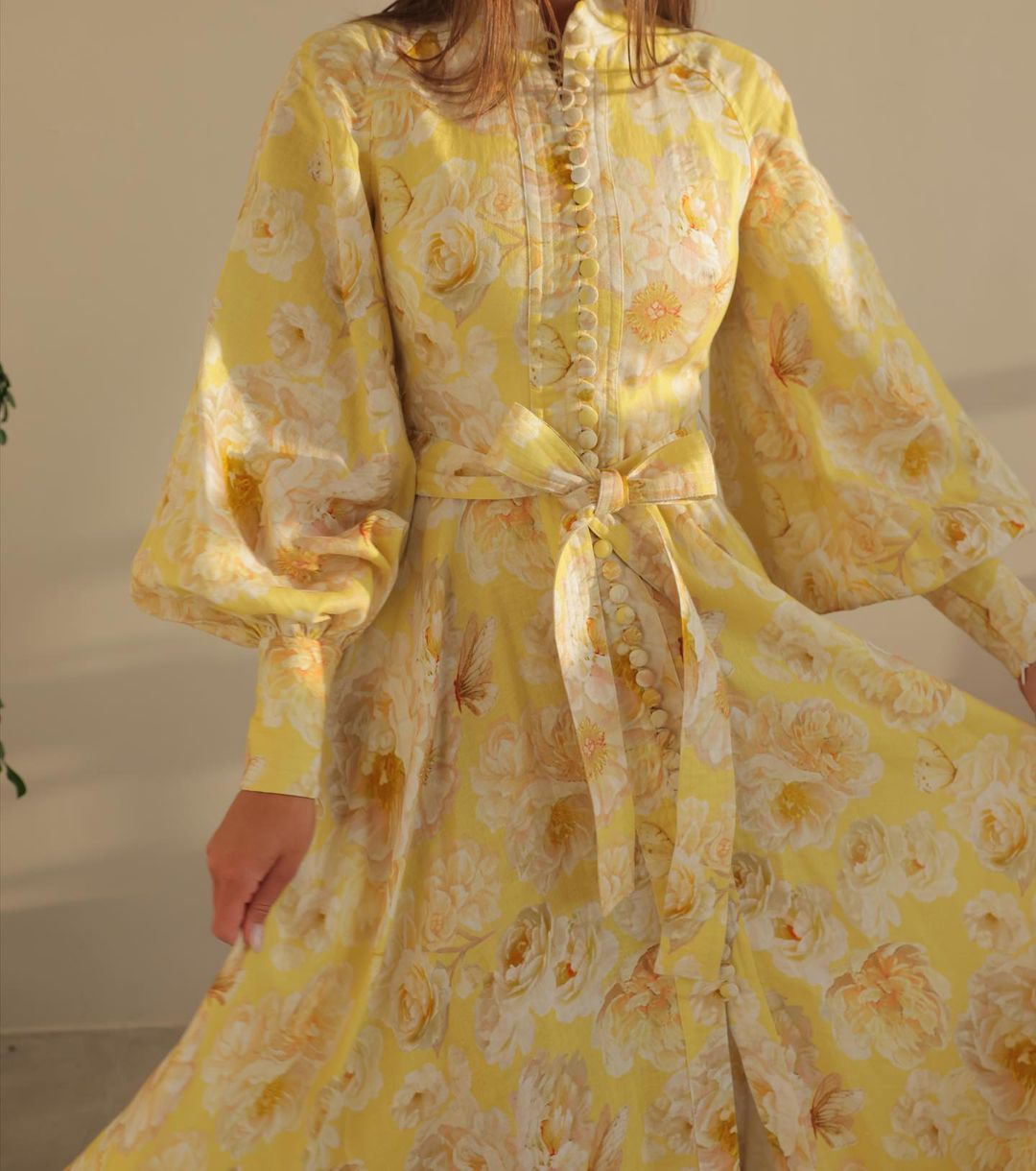 Yellow Flower Bubble Sleeve Maxi Dress