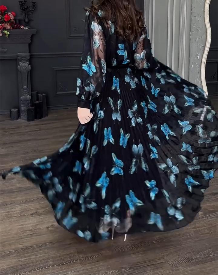 Blue Butterfly Black Veil Maxi Dress