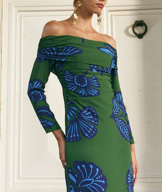 Blue Printed Strapless Green Dress