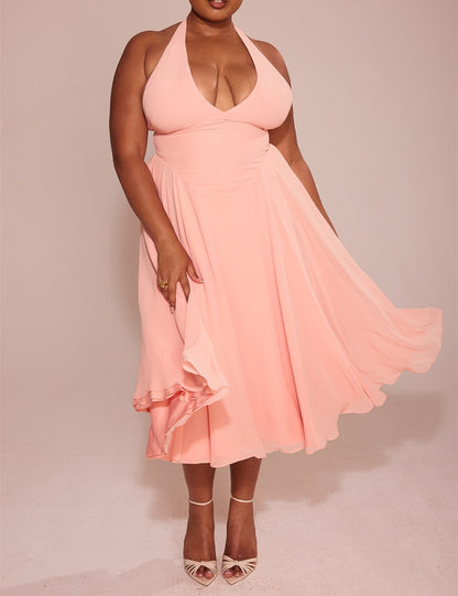 Pink V-Neck Backless Maxi Dress