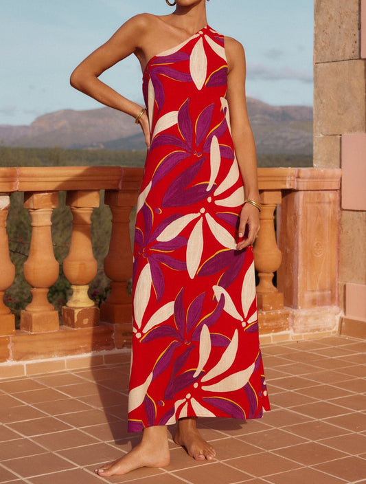 One-shoulder tri-color printed dress