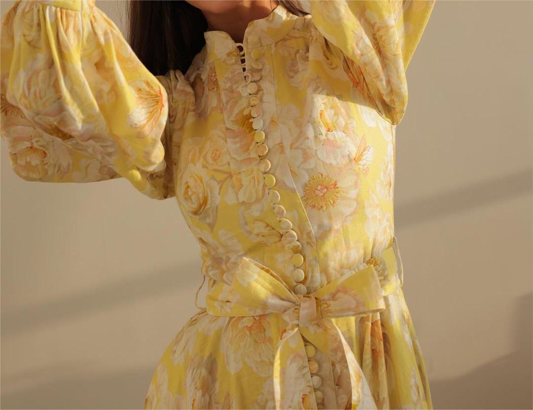 Yellow Flower Bubble Sleeve Maxi Dress