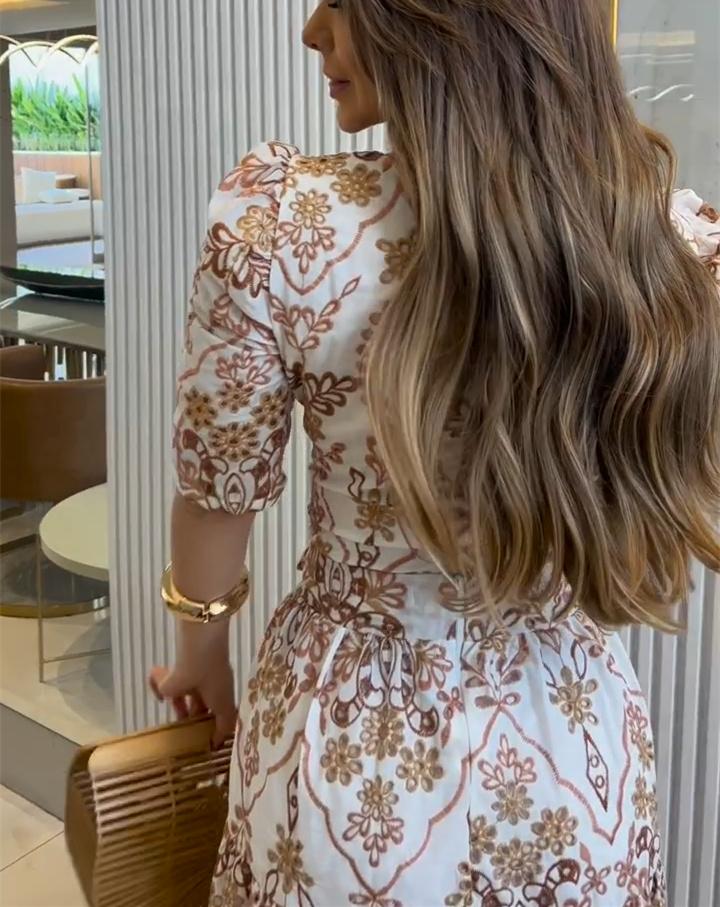 Brown Floral Midi Sleeve Maxi Dress